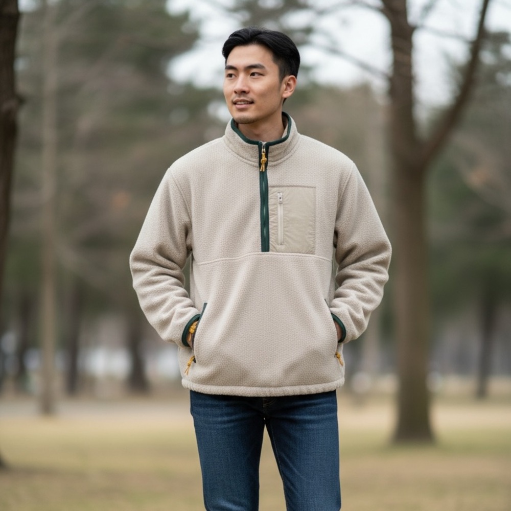 Gap Men's M Fleece Half Zip Jacket‎ Beige Tan Green New Zip Pockets